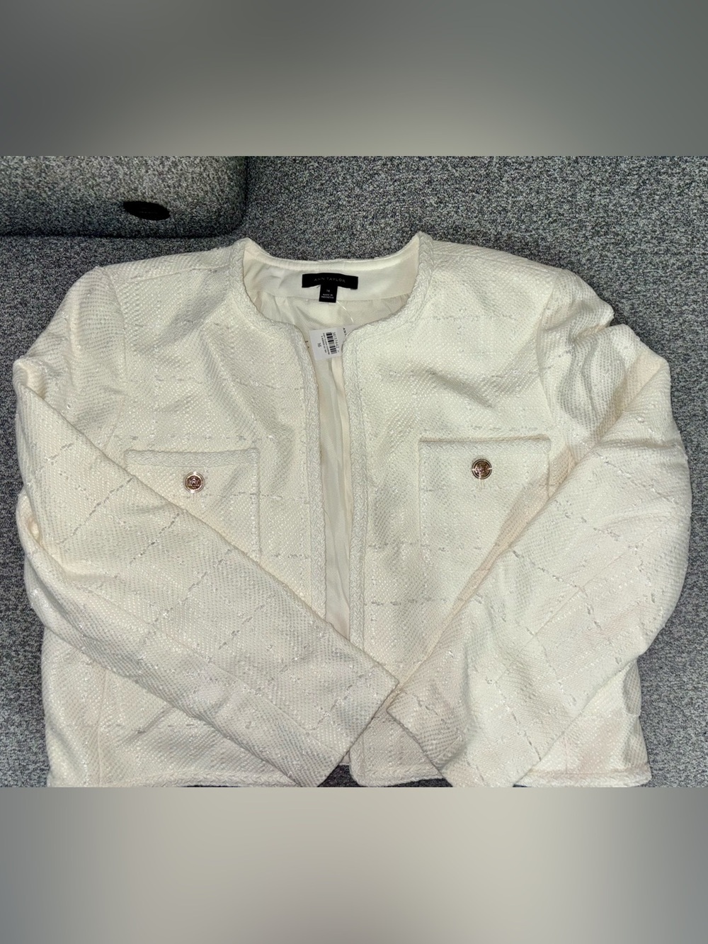 Ann Taylor Ivory Quilted Collarless Blazer with Gold Buttons